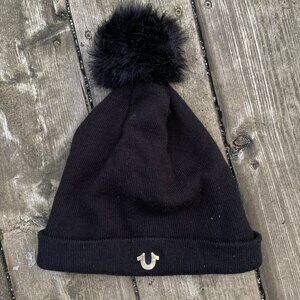 Vintage True Religion Beanie Black Big Logo Gold Pom Pom